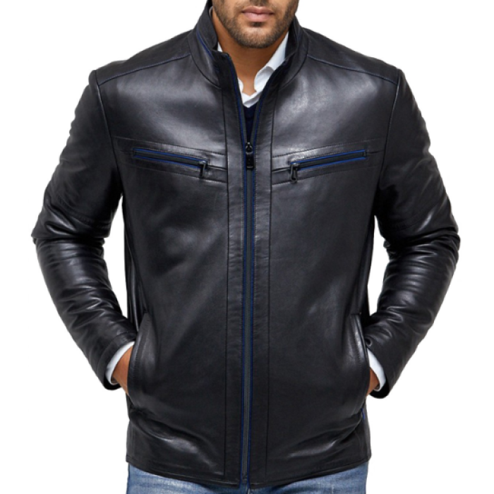 Austin Blue Black Men Sheepskin Leather Jacket