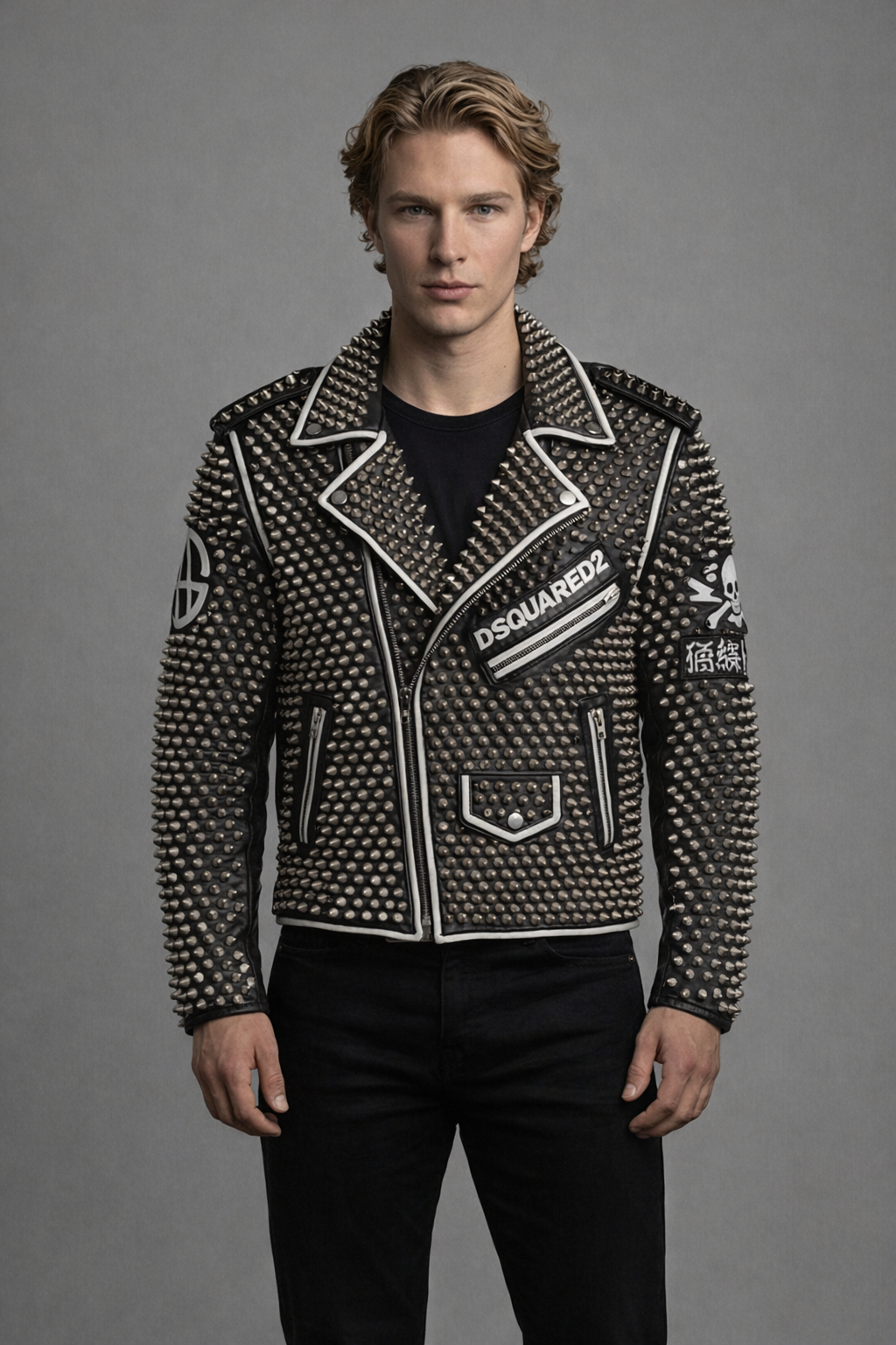 Men's Studded Leather Jacket Punk Skull UV Printed Coat