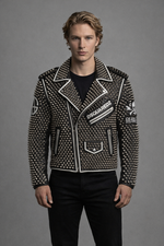 Men's Studded Leather Jacket Punk Skull UV Printed Coat