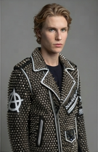 Men's Studded Leather Jacket Punk Skull UV Printed Coat