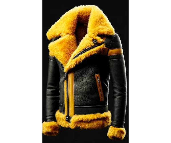 Beautiful Black Leather Jacket With Yellow Fur For Men