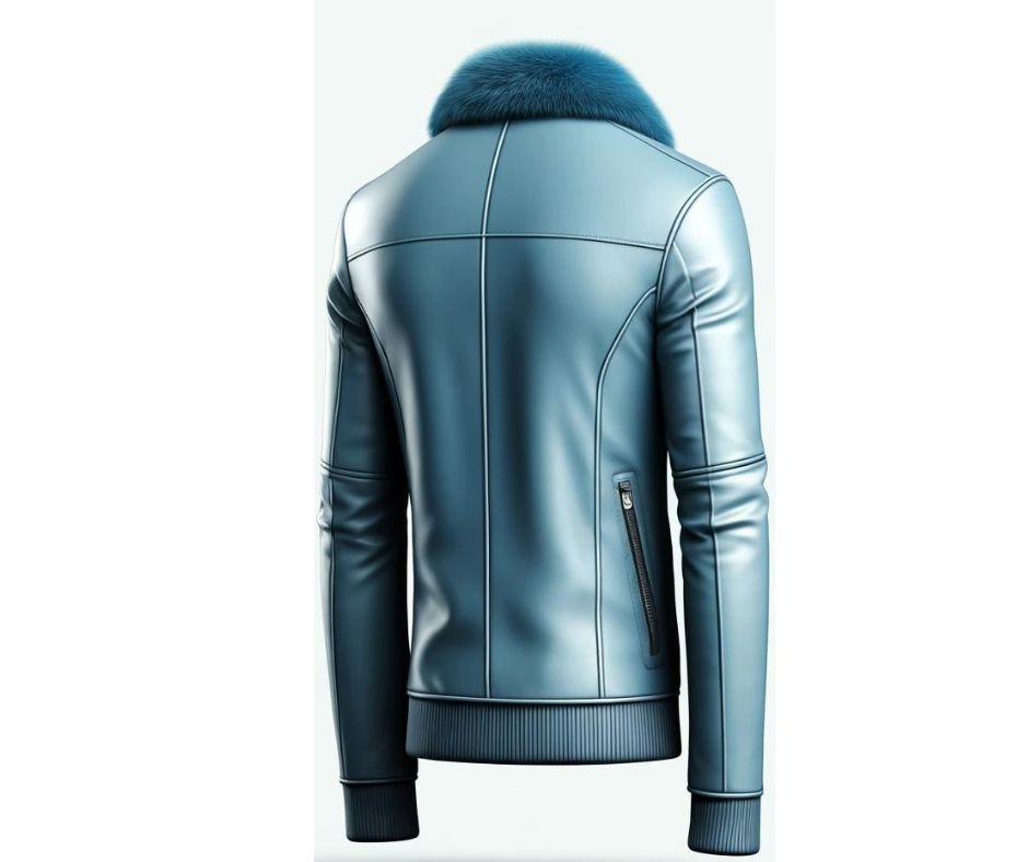 Blue Motor Bike Leather Jacket With Fur Collar For Men