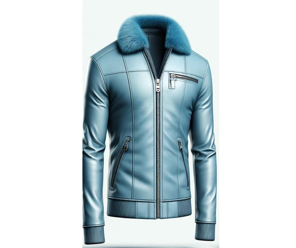 Blue Motor Bike Leather Jacket With Fur Collar For Men