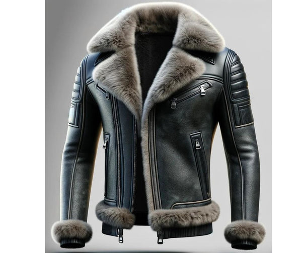Black Leather Jacket With Grey Fur Collar For Men