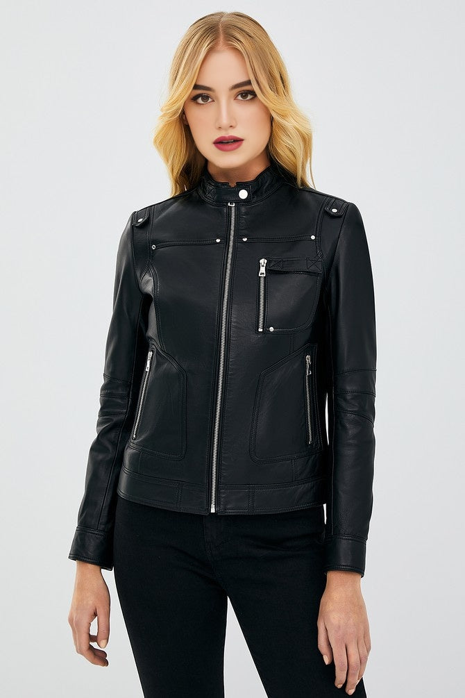 Hannah Black Leather Jacket For Women's