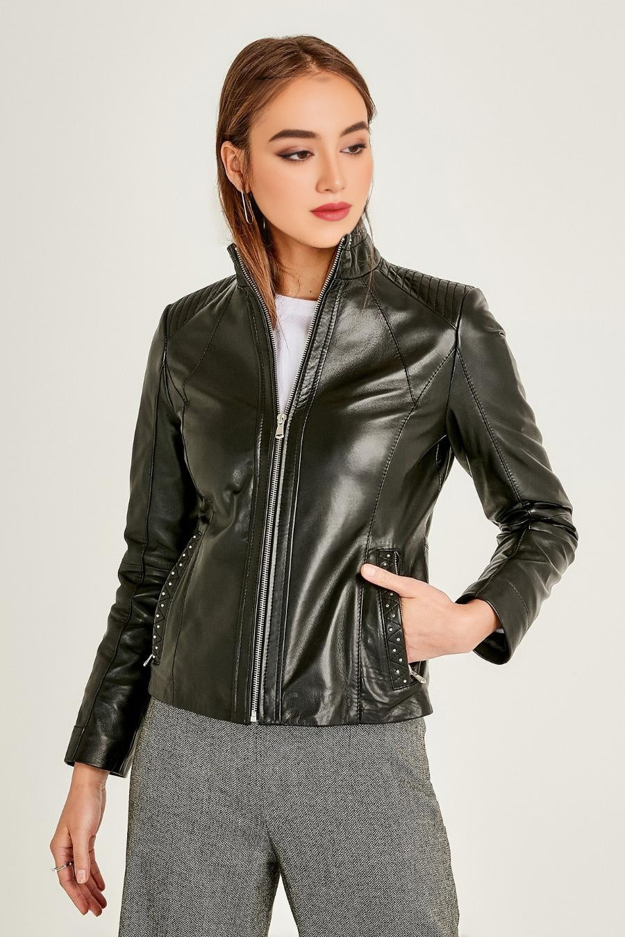 Rhinestone Motor Biker Racer Black Leather Jacket For Women