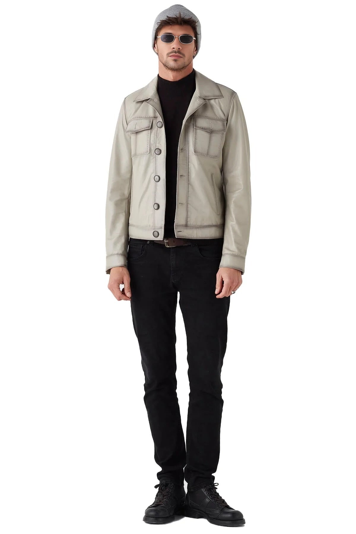 Matthew Beige Motorcycle Leather Jacket For Men