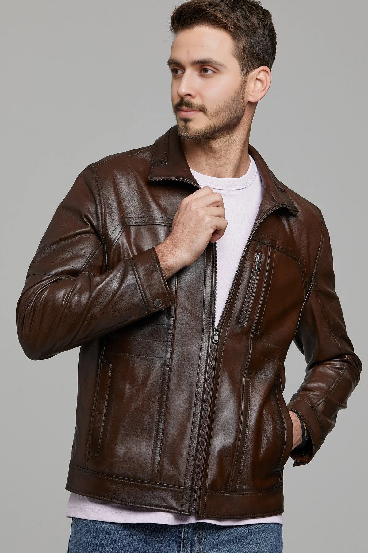 Bruno Cognac Brown Biker Racer Leather Jacket For Men