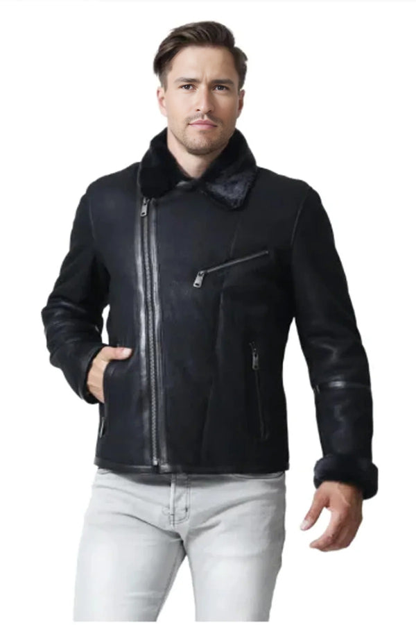 Enzo Black Fur Collar Leather Jacket For Men