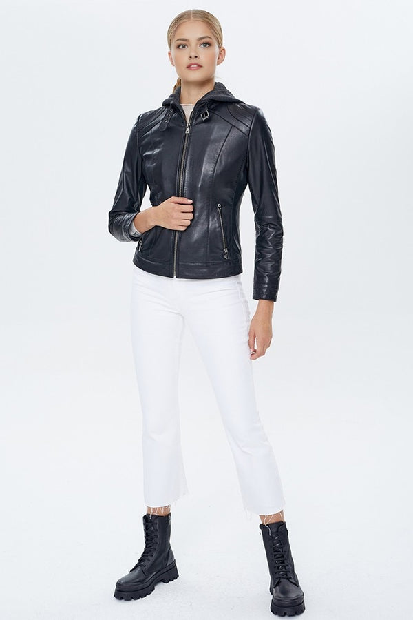 Luna Black Hooded Leather Jacket For Women