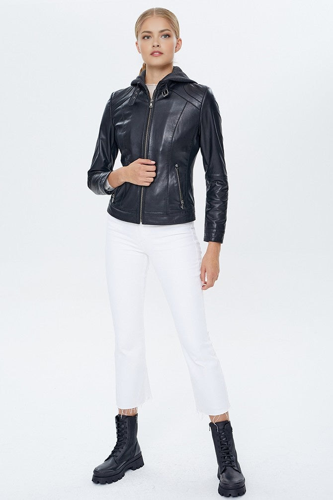 Luna Black Hooded Leather Jacket For Women
