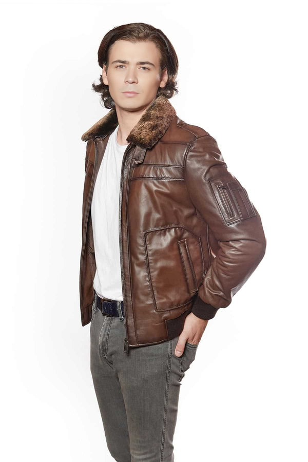 Christian Men Brown Fur Collar Leather Jacket