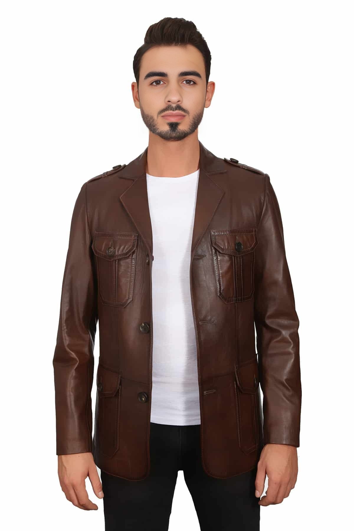 Thomas Real Brown Leather Safari Coat For Men