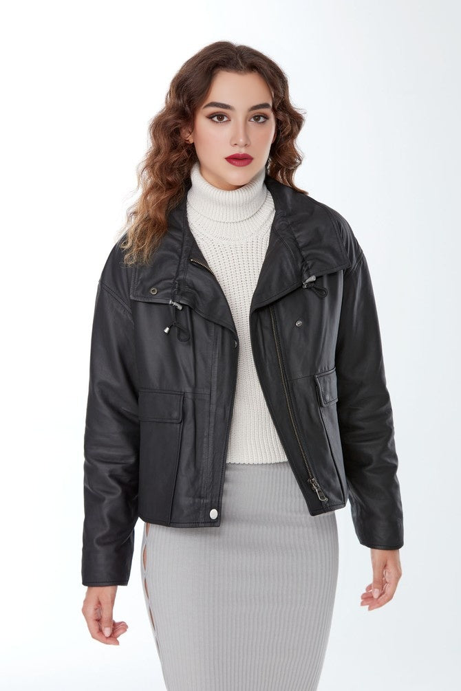 Black Nova Leather Jacket For Women's
