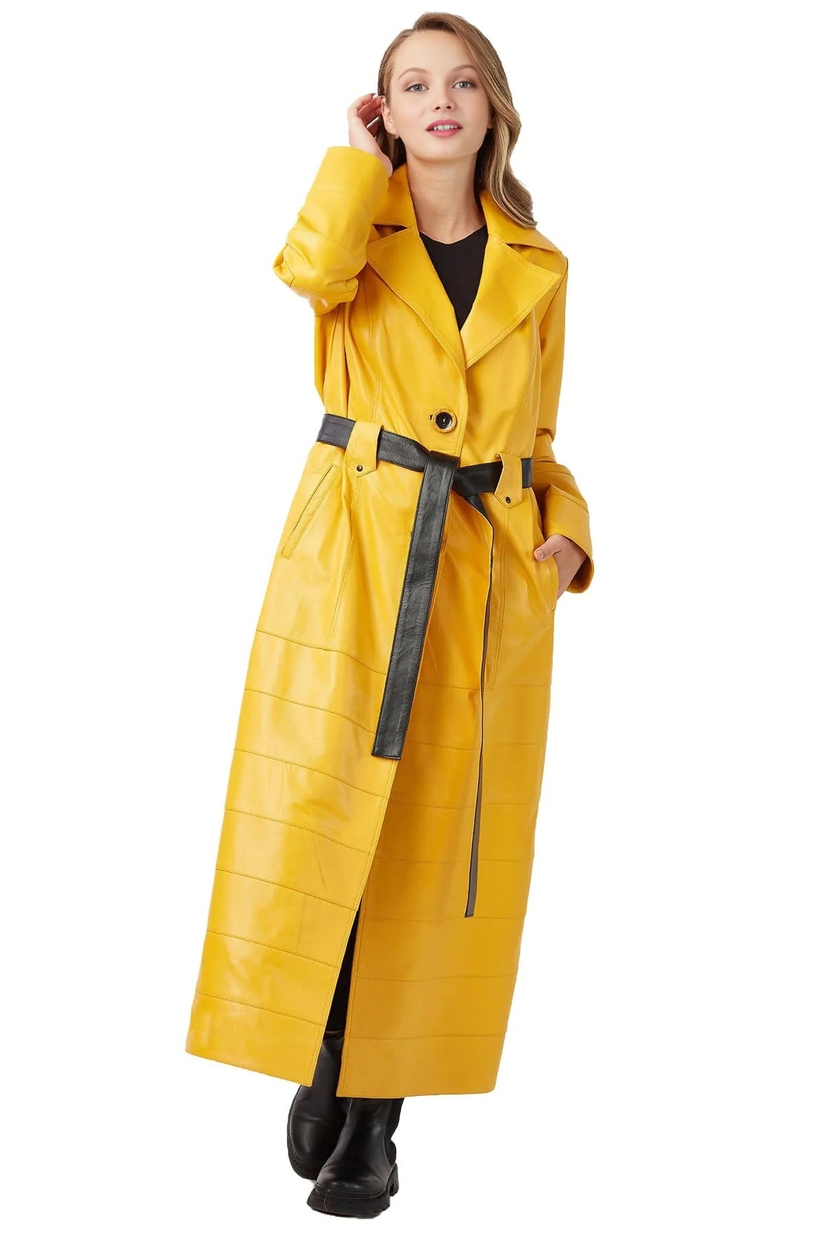 Mary Long Yellow Leather Coat With Center Belt For Women