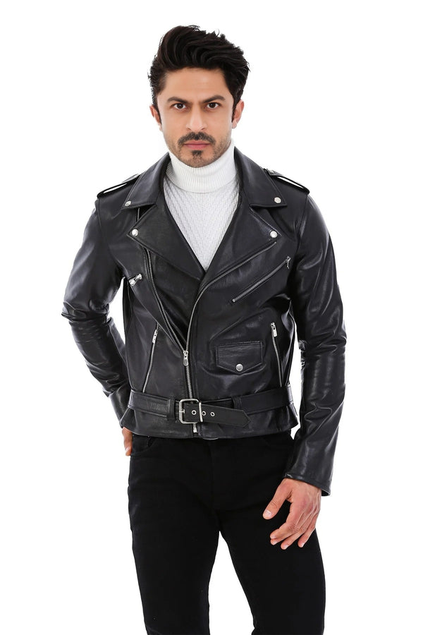 Terrance Men's Black Stylish Leather Jacket With Front Belt Closure