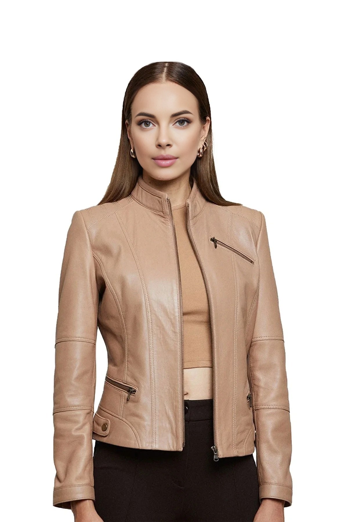Leona Fossil Tan Leather Jacket For Women