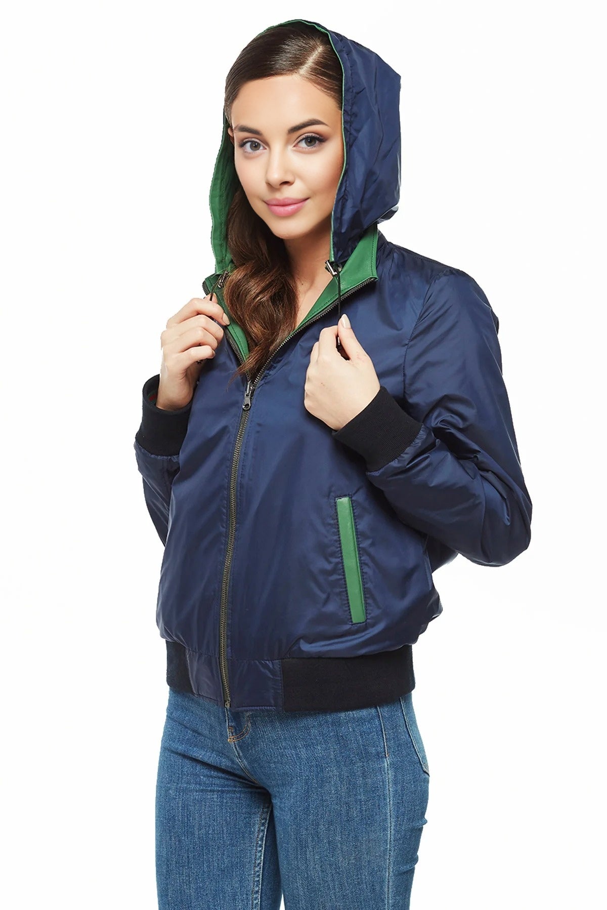 Lauren Blue Leather Jacket With Hoodie For Women