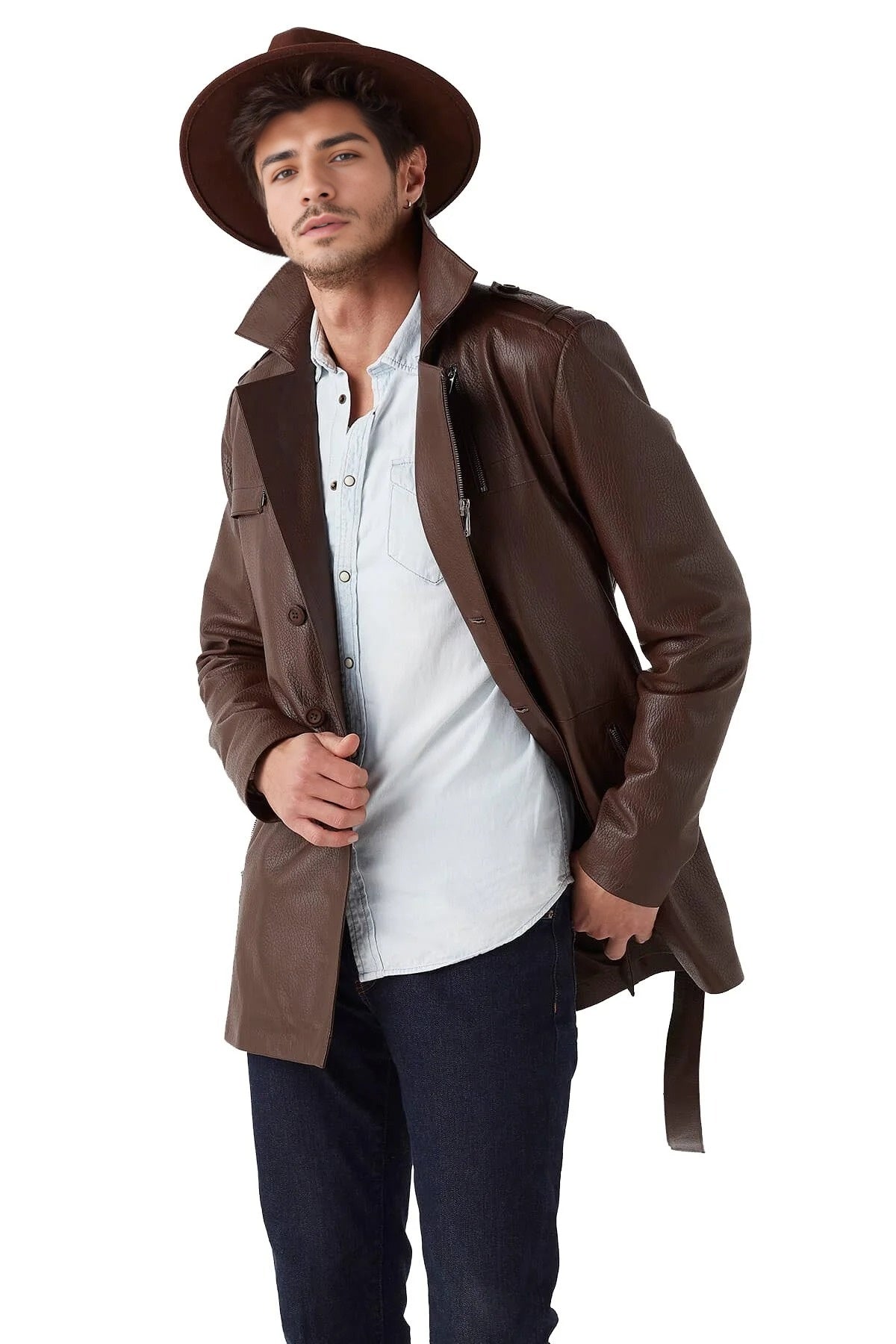 Thor Brown Trench Leather Coat For Men