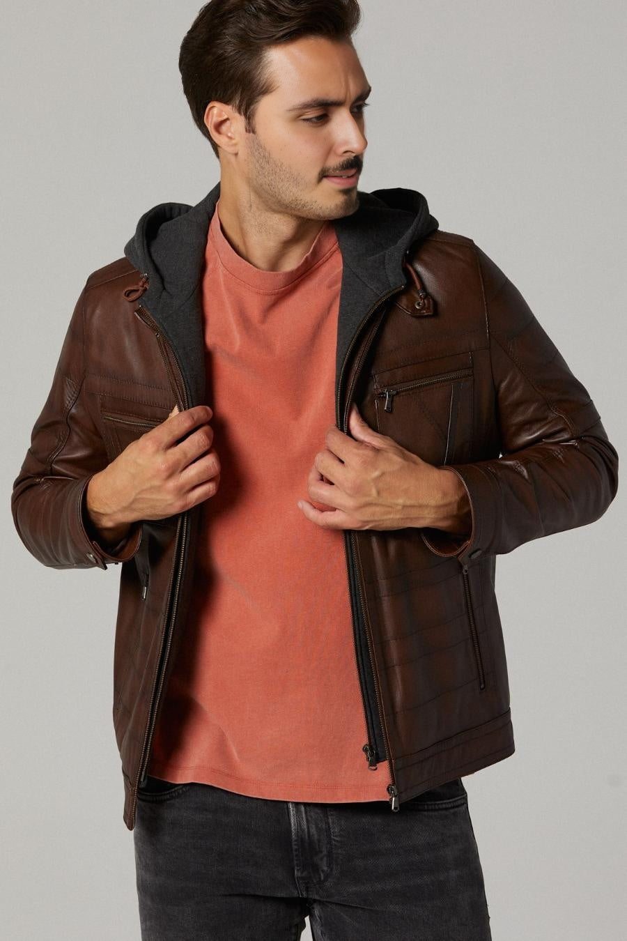 Winter Brown Leather hoodie Jacket For Men