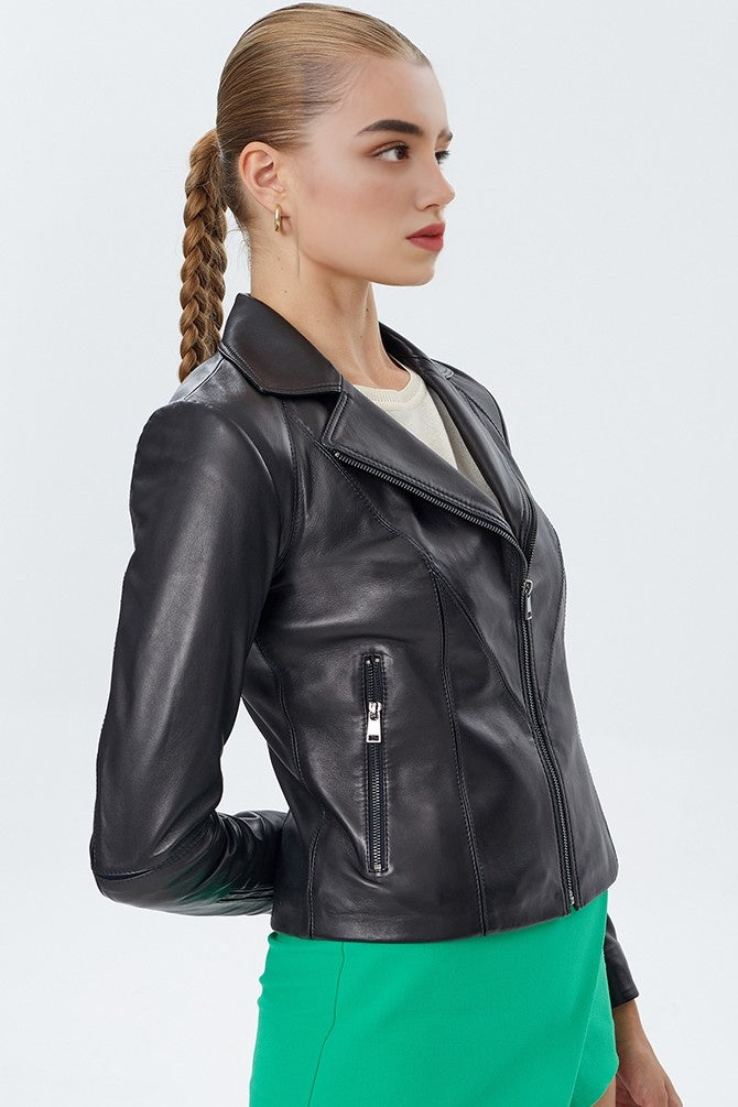 Black Olivia Leather Jacket For Women's