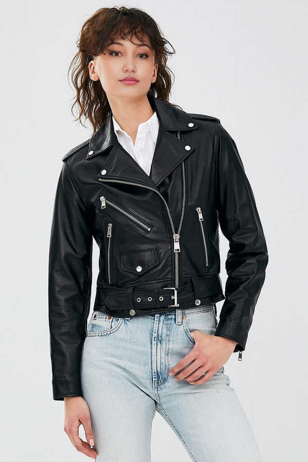 WOMEN BLACK LEATHER JACKET WITH ZIP CLOSER AND DOWN BELT AND POCKETS