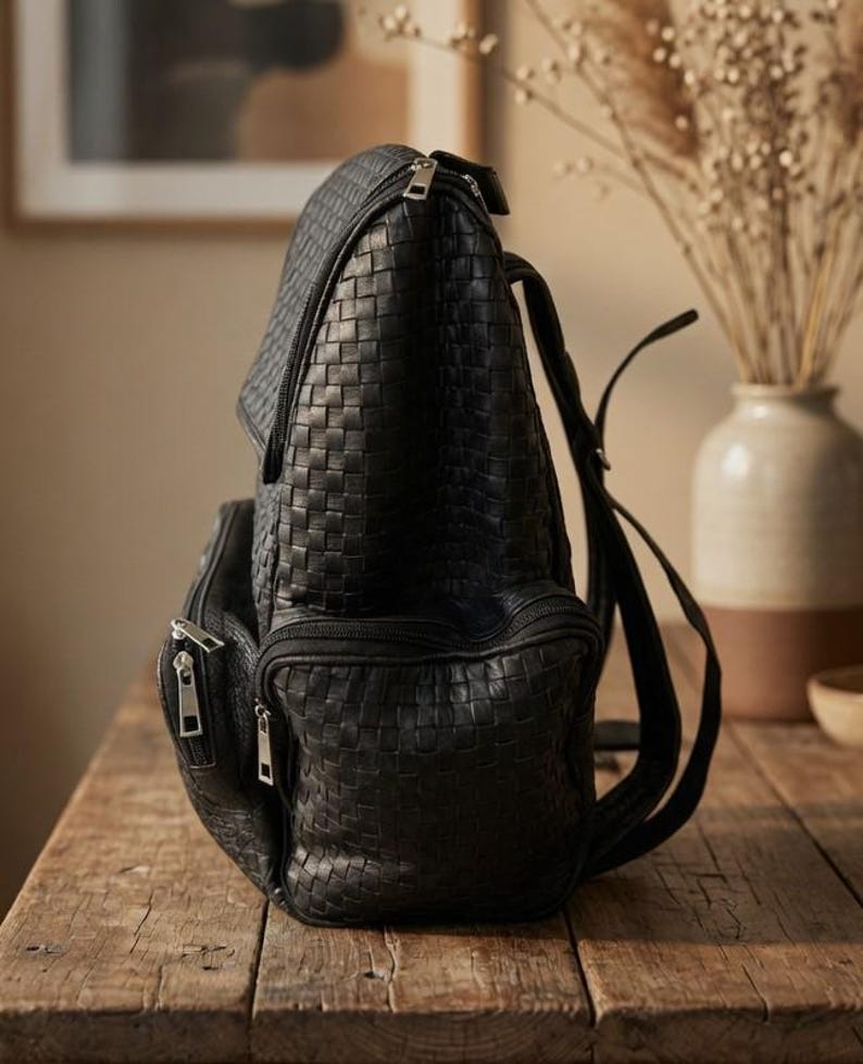 Premium Black Woven Genuine - Leather Backpack