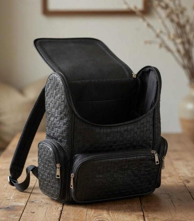 Premium Black Woven Genuine - Leather Backpack