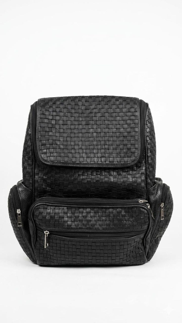 Premium Black Woven Genuine - Leather Backpack