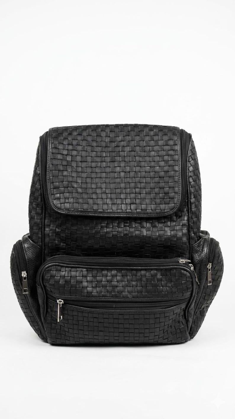 Premium Black Woven Genuine - Leather Backpack