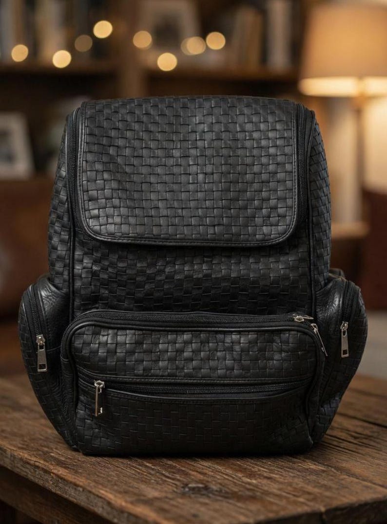 Premium Black Woven Genuine - Leather Backpack