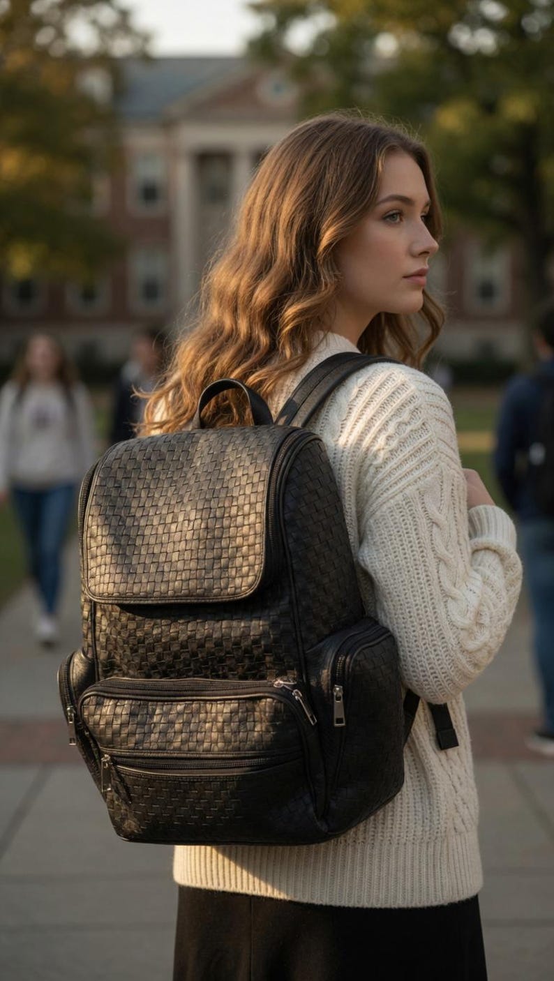 Premium Black Woven Genuine - Leather Backpack