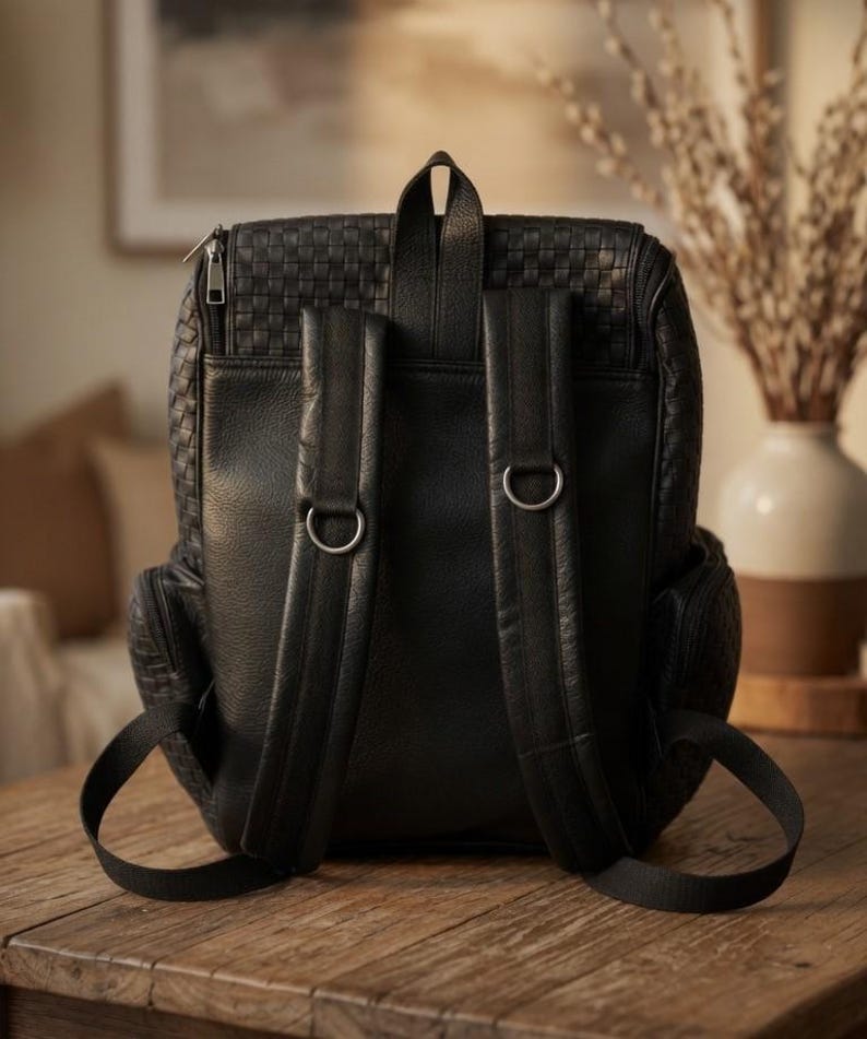 Premium Black Woven Genuine - Leather Backpack