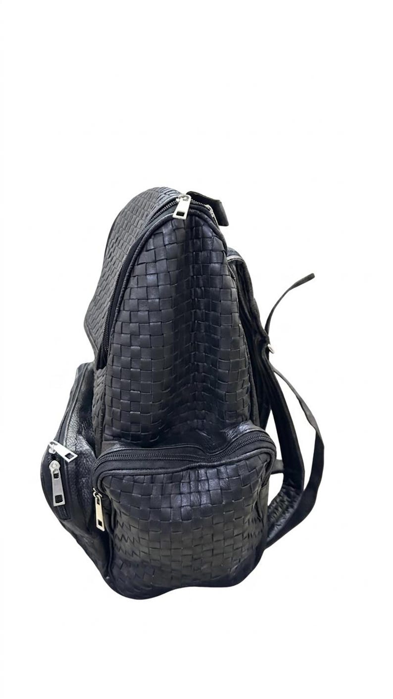 Premium Black Woven Genuine - Leather Backpack