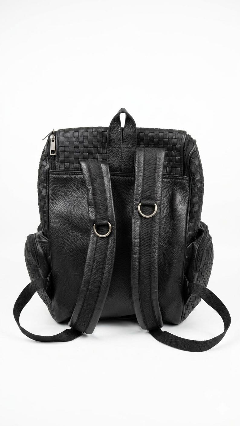 Premium Black Woven Genuine - Leather Backpack