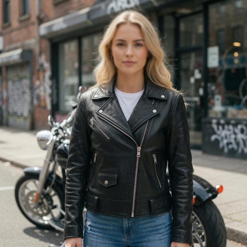 BLACK LEATHER BIKER JACKET — GENUINE COWHIDE, TAILORED FOR WOMEN