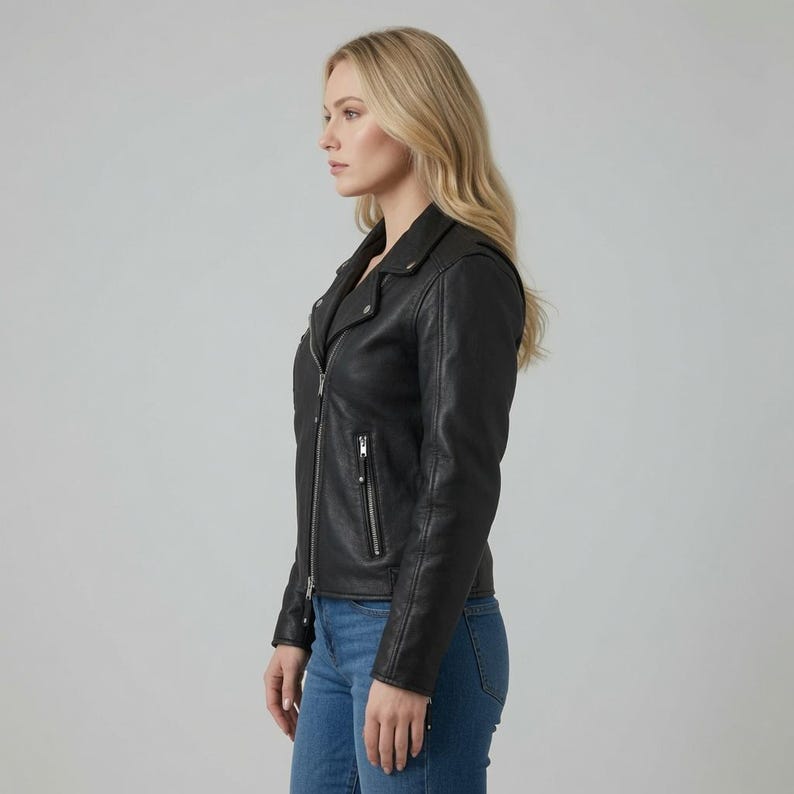 BLACK LEATHER BIKER JACKET — GENUINE COWHIDE, TAILORED FOR WOMEN