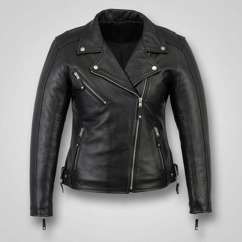 BLACK LEATHER BIKER JACKET — GENUINE COWHIDE, TAILORED FOR WOMEN