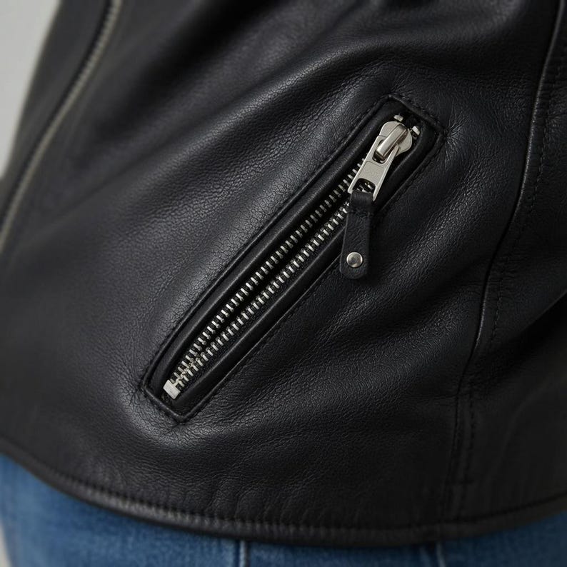 BLACK LEATHER BIKER JACKET — GENUINE COWHIDE, TAILORED FOR WOMEN