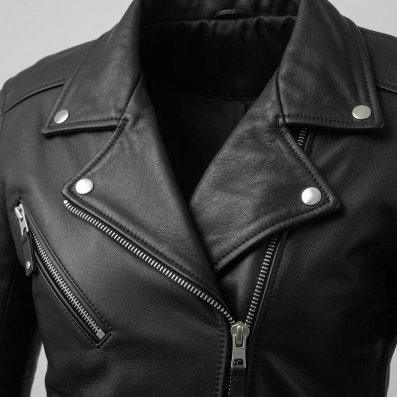 BLACK LEATHER BIKER JACKET — GENUINE COWHIDE, TAILORED FOR WOMEN