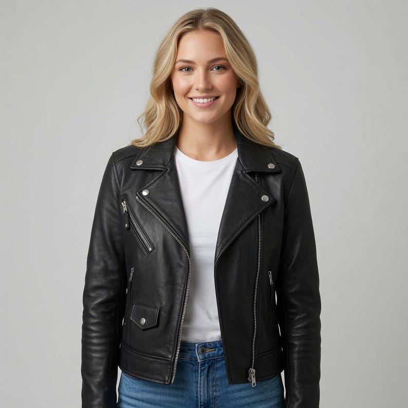 BLACK LEATHER BIKER JACKET — GENUINE COWHIDE, TAILORED FOR WOMEN