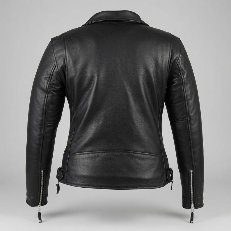 BLACK LEATHER BIKER JACKET — GENUINE COWHIDE, TAILORED FOR WOMEN