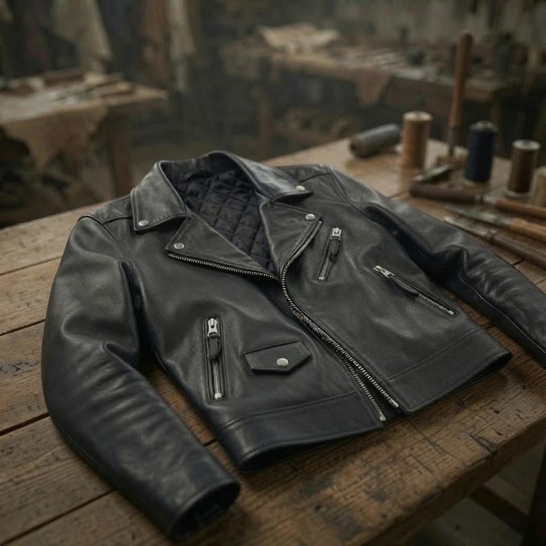 BLACK LEATHER BIKER JACKET — GENUINE COWHIDE, TAILORED FOR WOMEN