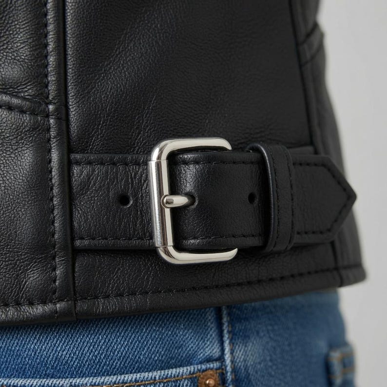 BLACK LEATHER BIKER JACKET — GENUINE COWHIDE, TAILORED FOR WOMEN
