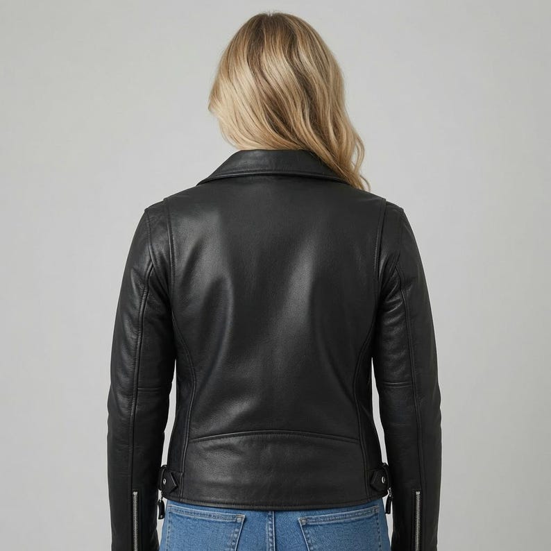 BLACK LEATHER BIKER JACKET — GENUINE COWHIDE, TAILORED FOR WOMEN