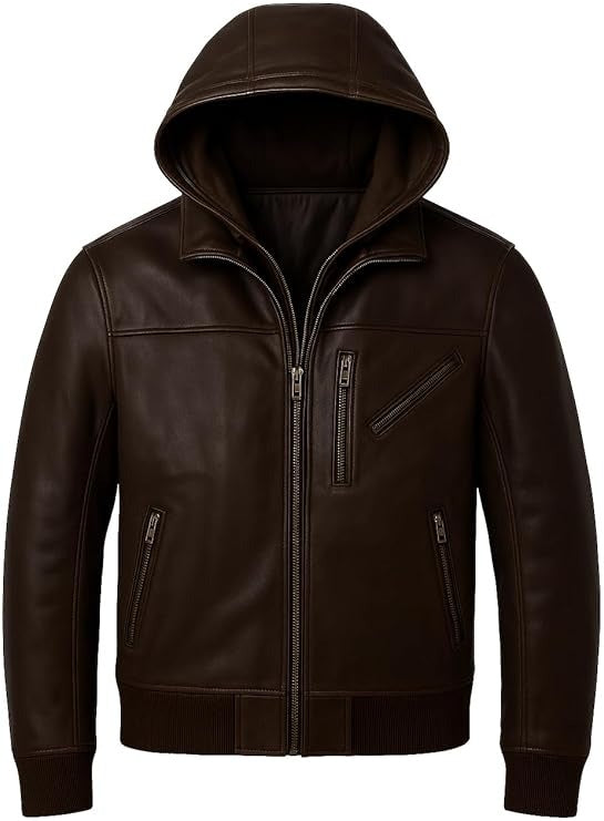 Classic Brown Leather Hoodie Jacket for Men
