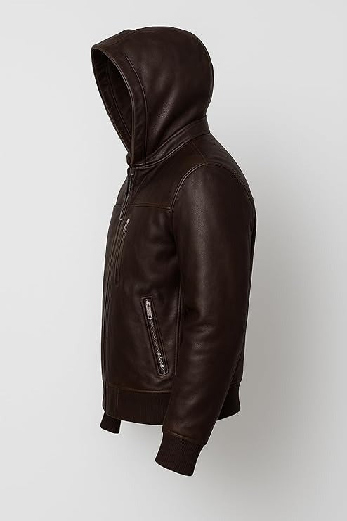 Classic Brown Leather Hoodie Jacket for Men