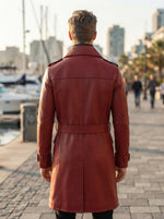 Red Trench Winter Leather Coat For Men