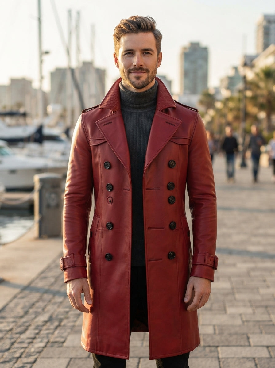 Red Trench Winter Leather Coat For Men