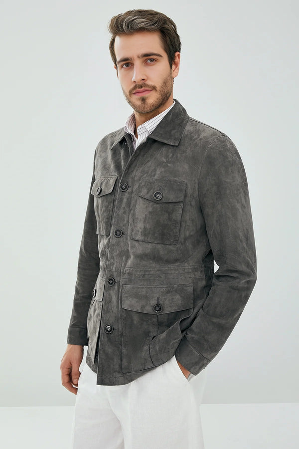 Banocci Suede Gray Stylish Leather Jacket For Men